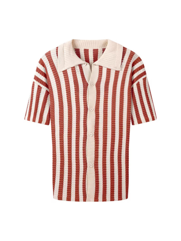 GorgeousBen Men's Slim Fit Striped Knit Polo Cardigan, Breathable Summer Shirt