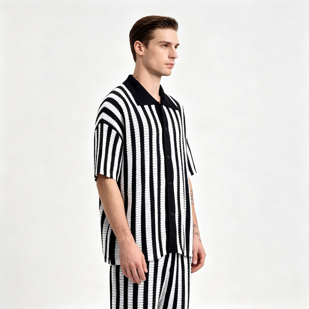GorgeousBen Men's Slim Fit Striped Knit Polo Cardigan, Breathable Summer Shirt