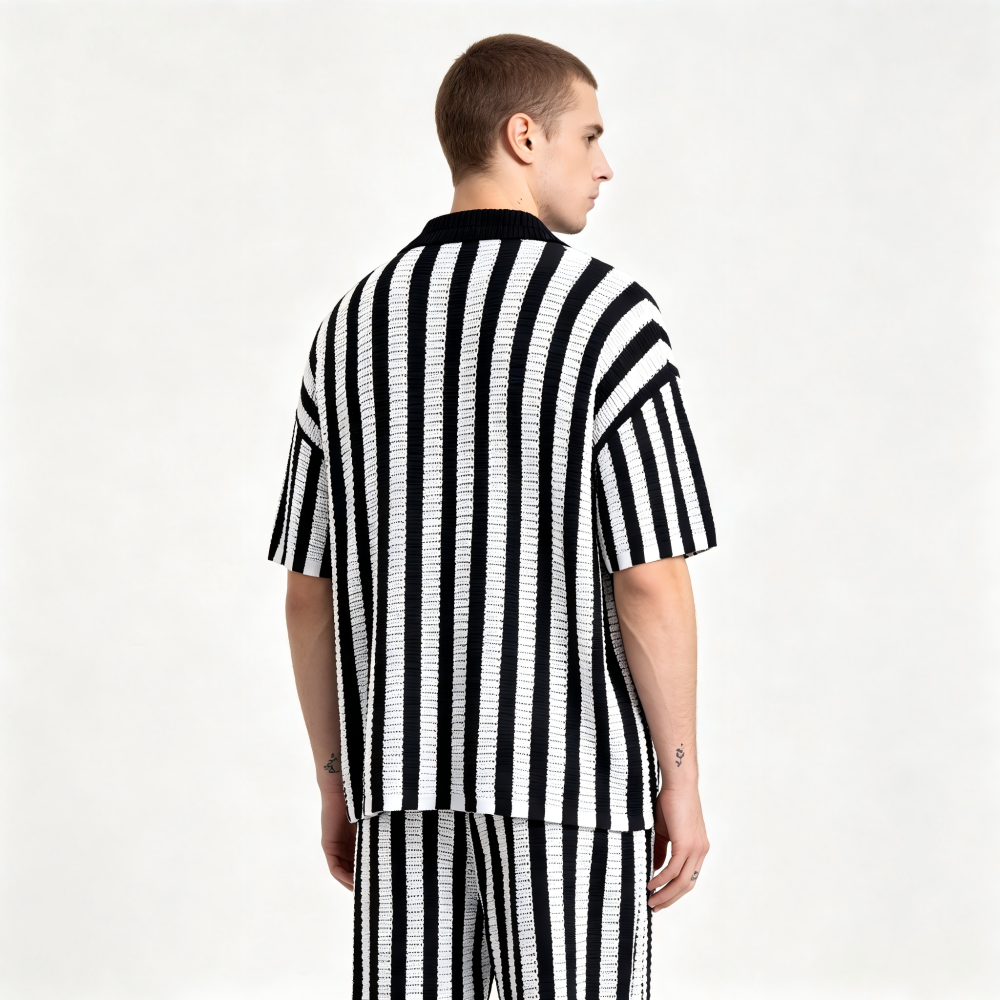 GorgeousBen Men's Slim Fit Striped Knit Polo Cardigan, Breathable Summer Shirt