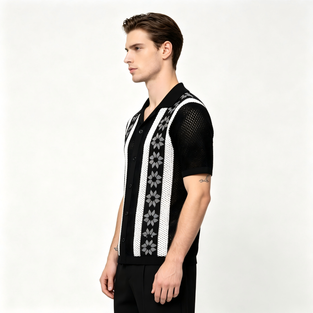 GorgeousBen Men's Slim Fit Hollow-Out Striped Knit Polo Cardigan, Breathable Summer Shirt