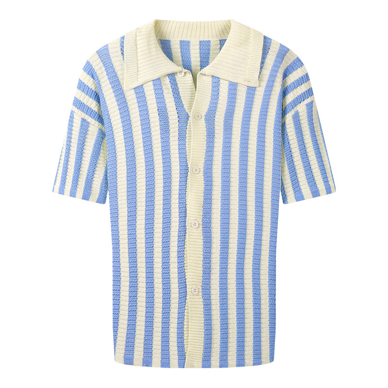 GorgeousBen Men's Slim Fit Striped Knit Polo Cardigan, Breathable Summer Shirt