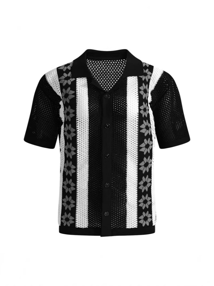 GorgeousBen Men's Slim Fit Hollow-Out Striped Knit Polo Cardigan, Breathable Summer Shirt