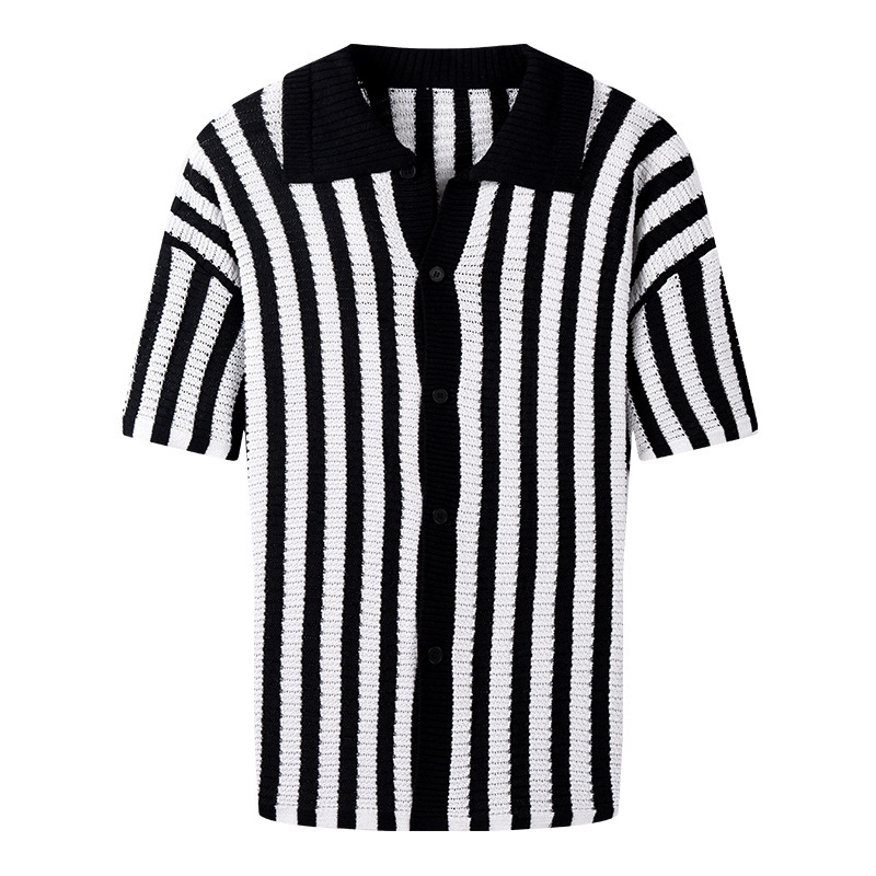 GorgeousBen Men's Slim Fit Striped Knit Polo Cardigan, Breathable Summer Shirt