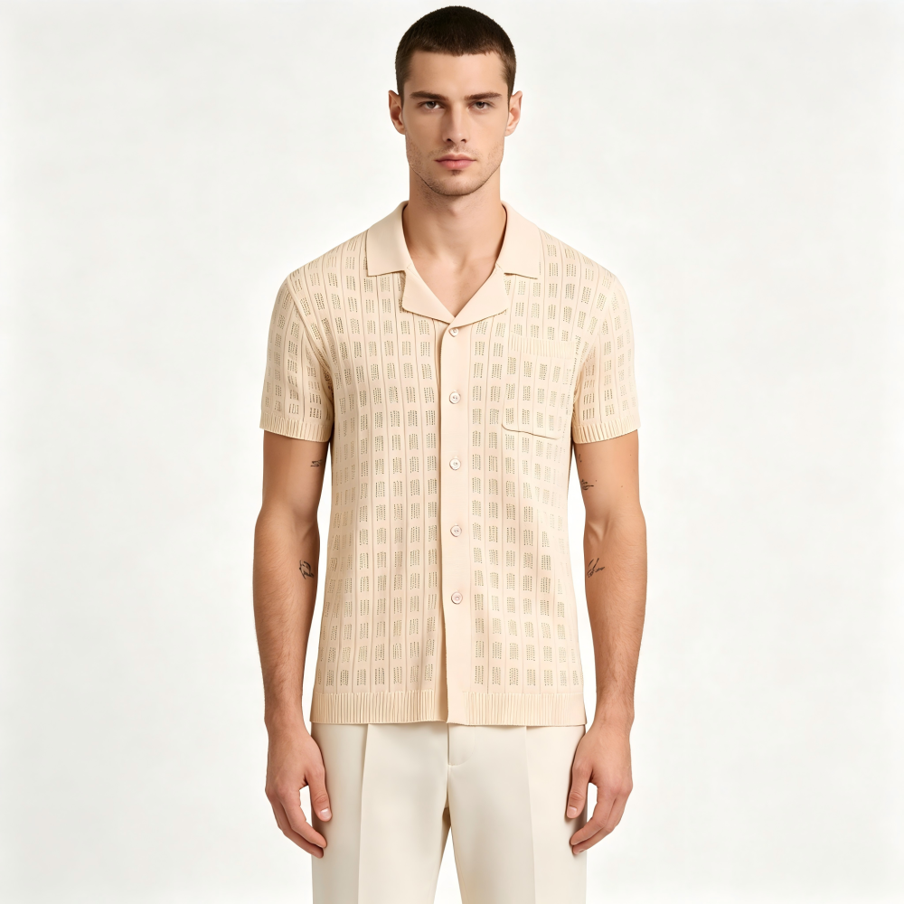 GorgeousBen Men's Knit Polo Shirt, Breathable Hollow-Out Short Sleeve Top