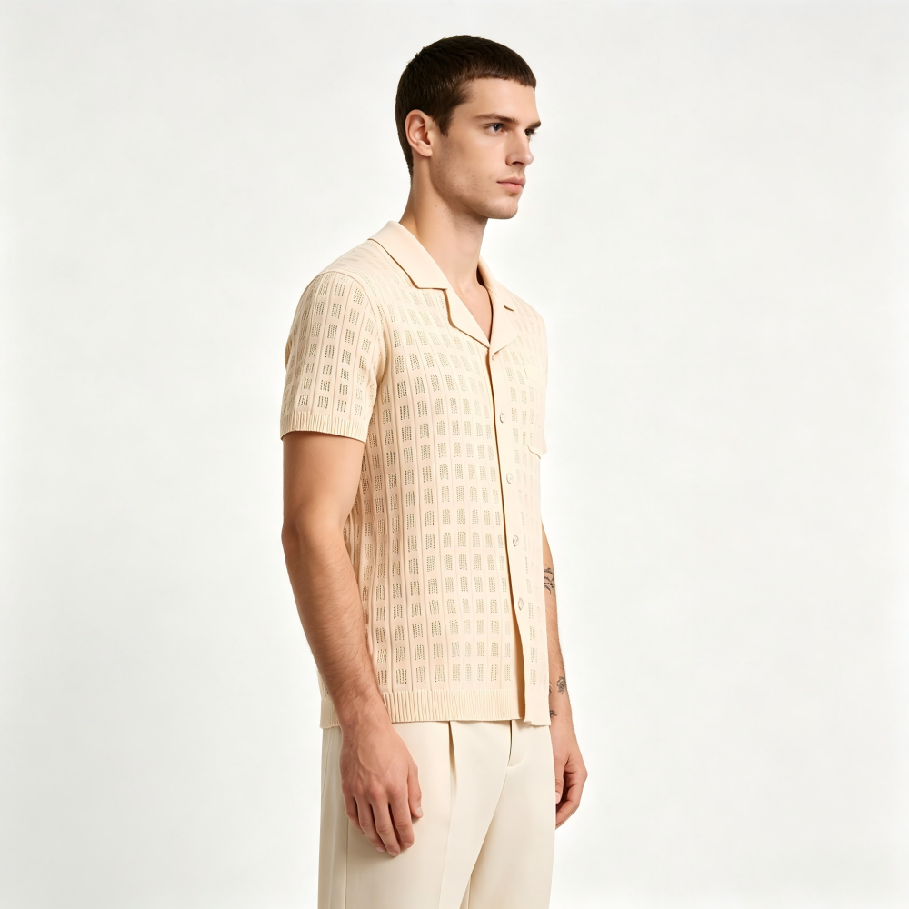 GorgeousBen Men's Knit Polo Shirt, Breathable Hollow-Out Short Sleeve Top
