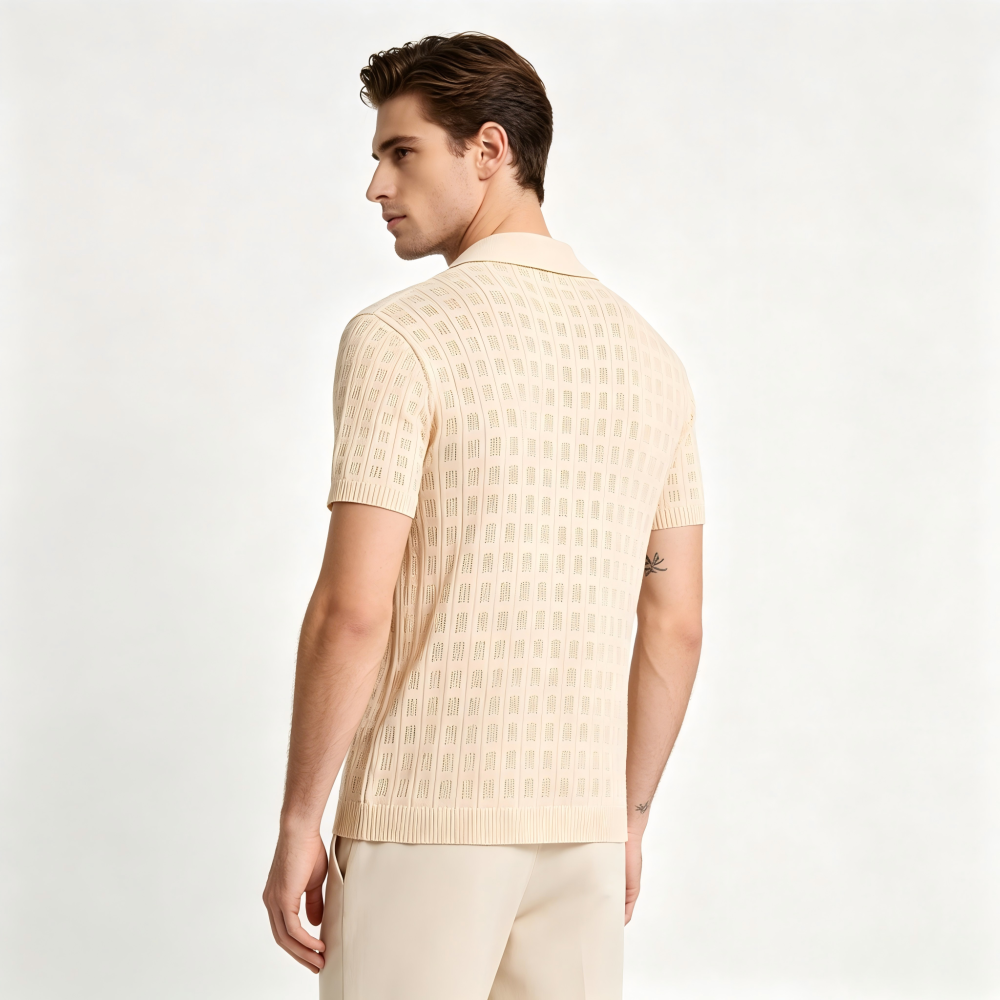 GorgeousBen Men's Knit Polo Shirt, Breathable Hollow-Out Short Sleeve Top