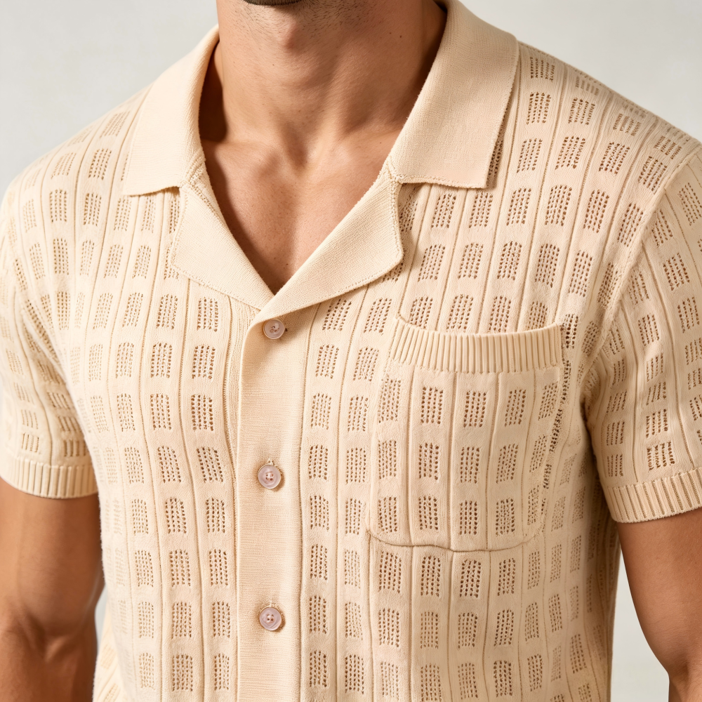 GorgeousBen Men's Knit Polo Shirt, Breathable Hollow-Out Short Sleeve Top