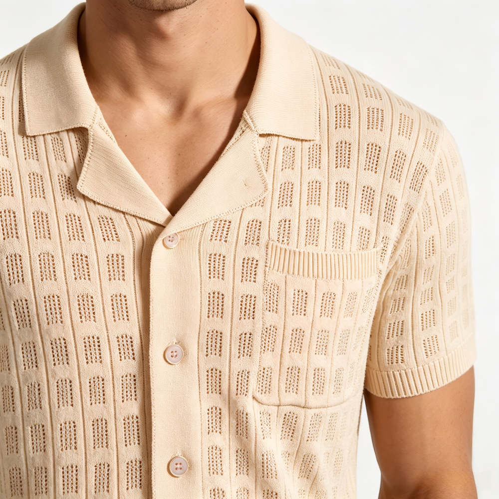 GorgeousBen Men's Knit Polo Shirt, Breathable Hollow-Out Short Sleeve Top