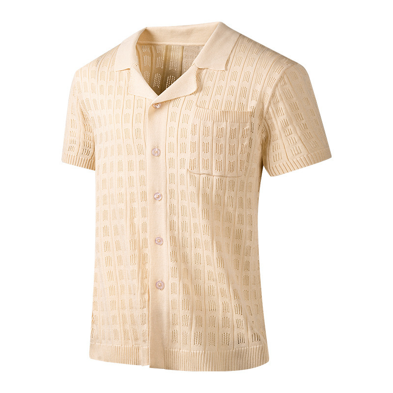 GorgeousBen Men's Knit Polo Shirt, Breathable Hollow-Out Short Sleeve Top