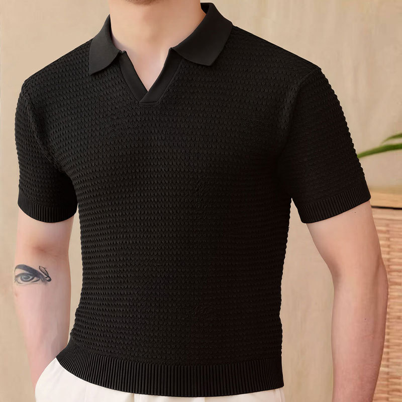 GorgeousBen Men's Knit Polo Shirt, Breathable V-Neck Casual Summer Top