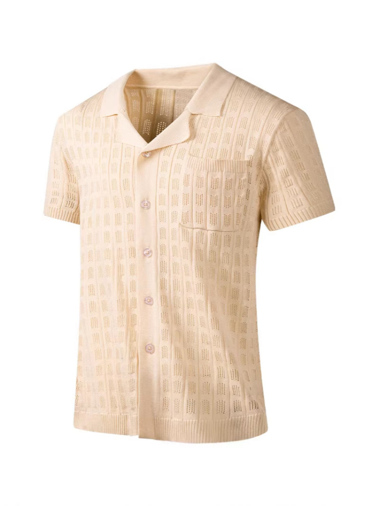 GorgeousBen Men's Knit Polo Shirt, Breathable Hollow-Out Short Sleeve Top