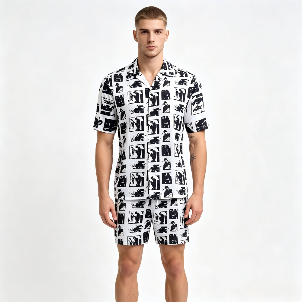 GorgeousBen Men's 2-Piece Printed Shirt & Shorts Set, Breathable Summer Casual