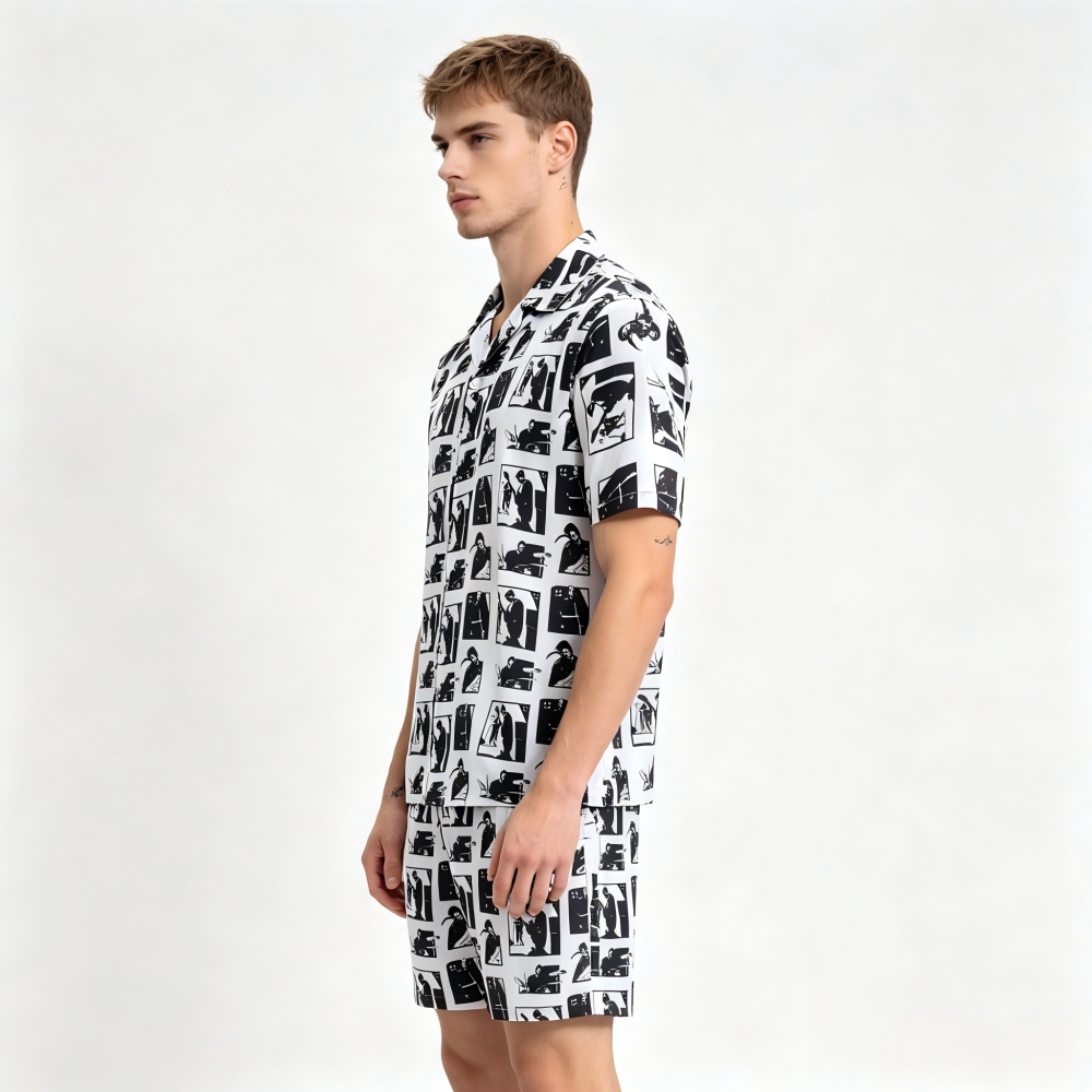 GorgeousBen Men's 2-Piece Printed Shirt & Shorts Set, Breathable Summer Casual