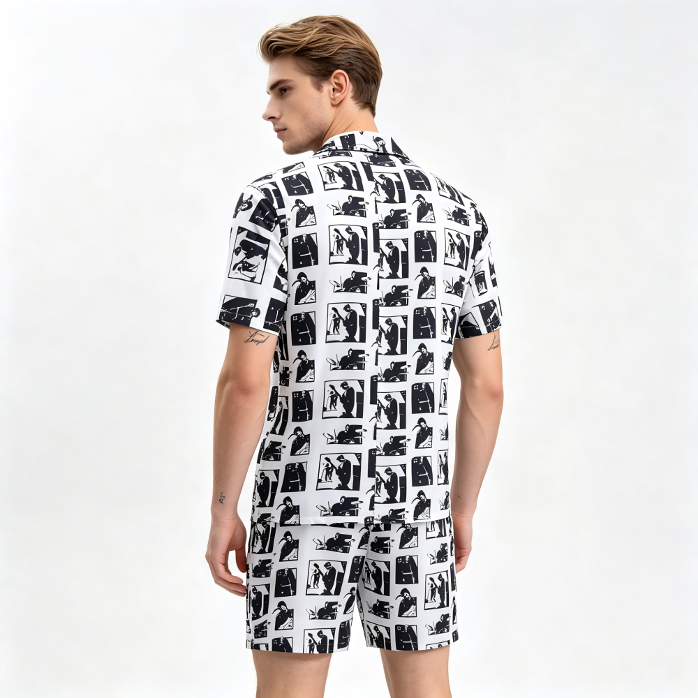 GorgeousBen Men's 2-Piece Printed Shirt & Shorts Set, Breathable Summer Casual