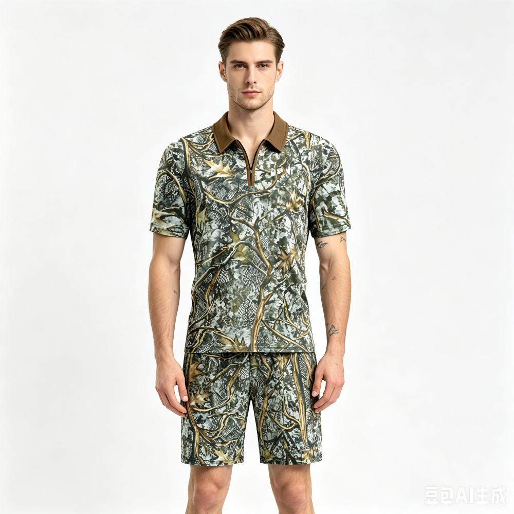 GorgeousBen Men's Camo Print Polo Tracksuit, Short Sleeve T-Shirt & Shorts, Lightweight Casual Outfit