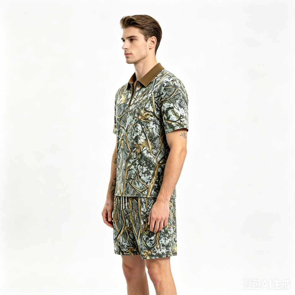 GorgeousBen Men's Camo Print Polo Tracksuit, Short Sleeve T-Shirt & Shorts, Lightweight Casual Outfit
