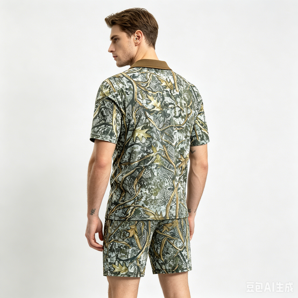 GorgeousBen Men's Camo Print Polo Tracksuit, Short Sleeve T-Shirt & Shorts, Lightweight Casual Outfit