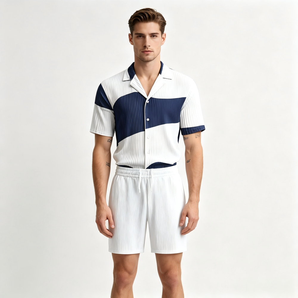 GorgeousBen Men's Color Block Knit Tracksuit, Short Sleeve Button-Up & Shorts, Casual Summer Outfit