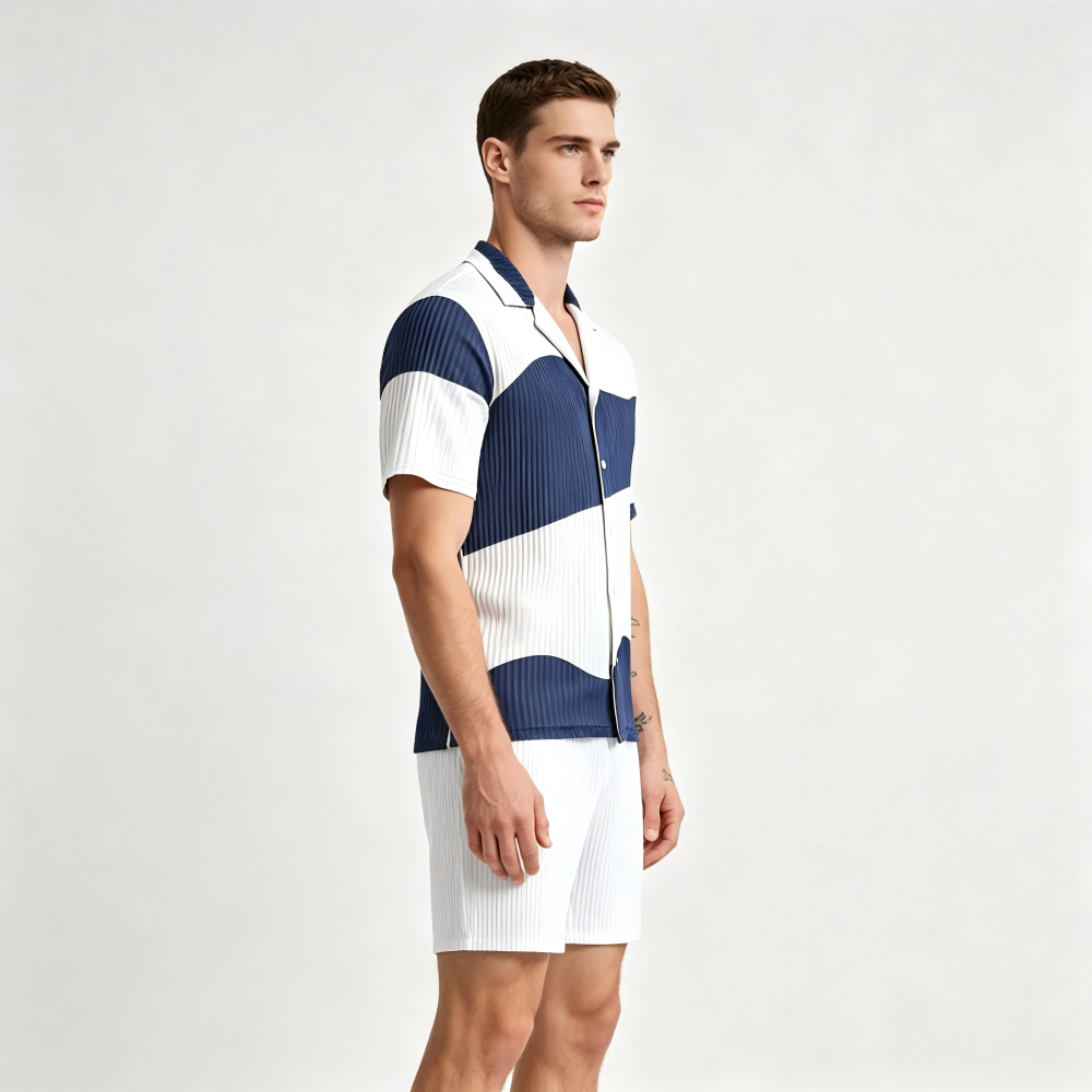 GorgeousBen Men's Color Block Knit Tracksuit, Short Sleeve Button-Up & Shorts, Casual Summer Outfit