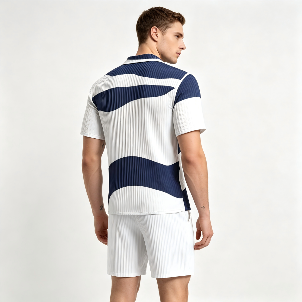 GorgeousBen Men's Color Block Knit Tracksuit, Short Sleeve Button-Up & Shorts, Casual Summer Outfit