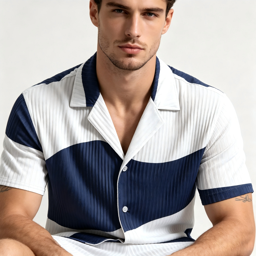 GorgeousBen Men's Color Block Knit Tracksuit, Short Sleeve Button-Up & Shorts, Casual Summer Outfit