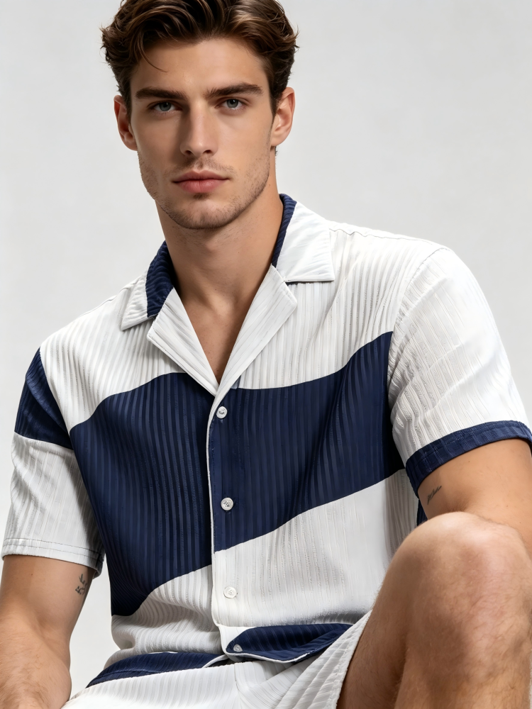 GorgeousBen Men's Color Block Knit Tracksuit, Short Sleeve Button-Up & Shorts, Casual Summer Outfit