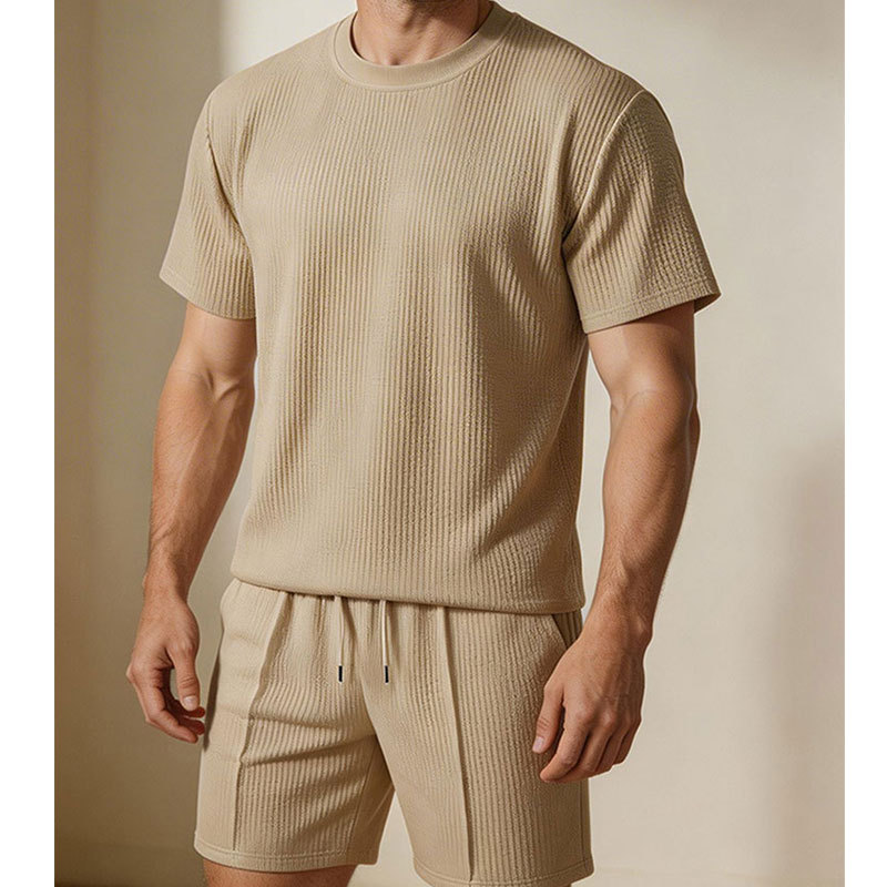GorgeousBen Men's Summer Waffle Knit Tracksuit, Short Sleeve T-Shirt & Shorts, Lightweight Casual Outfit