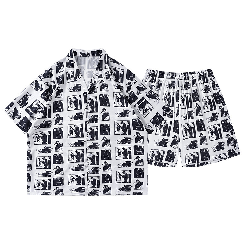 GorgeousBen Men's 2-Piece Printed Shirt & Shorts Set, Breathable Summer Casual