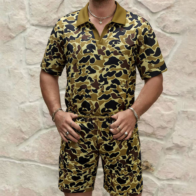 GorgeousBen Men's Camo Print Polo Tracksuit, Short Sleeve T-Shirt & Shorts, Lightweight Casual Outfit