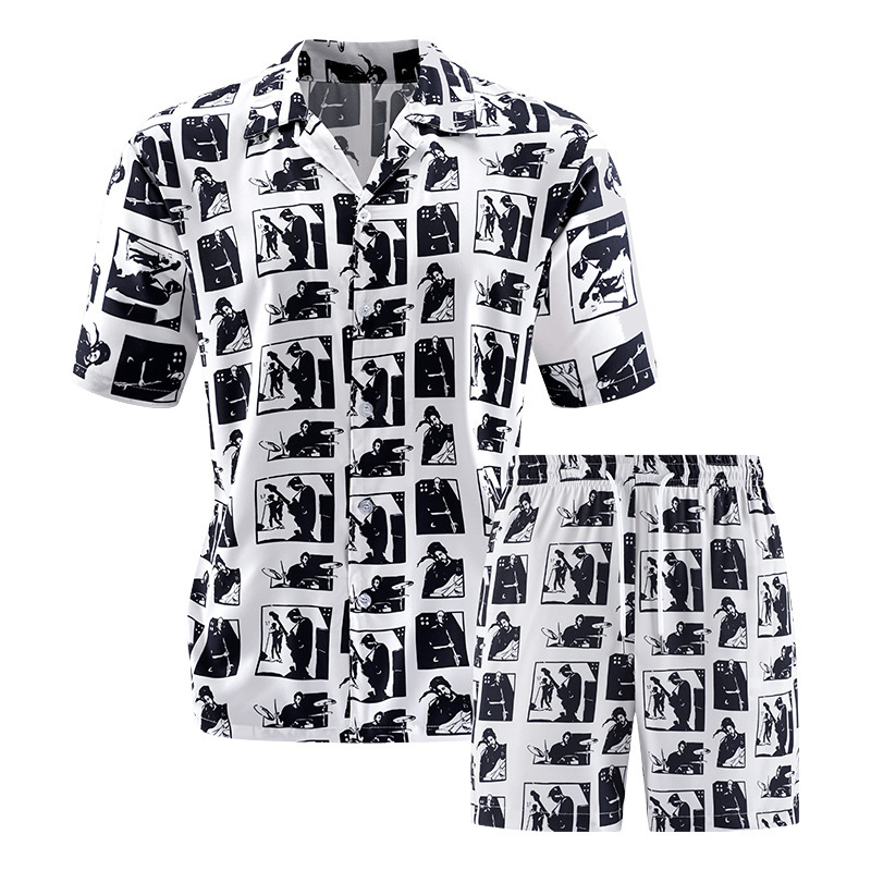 GorgeousBen Men's 2-Piece Printed Shirt & Shorts Set, Breathable Summer Casual