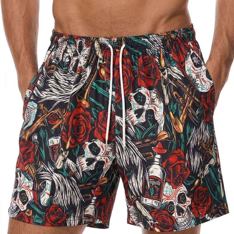 GorgeousBen Men's 3D Skull & Rose Print Athletic Shorts, Breathable Summer Casual