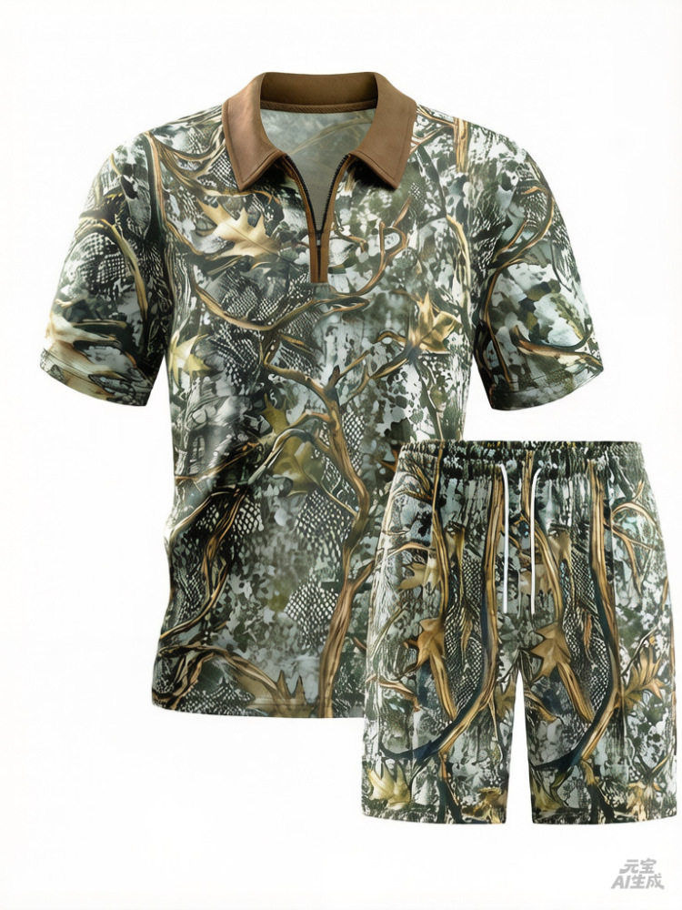 GorgeousBen Men's Camo Print Polo Tracksuit, Short Sleeve T-Shirt & Shorts, Lightweight Casual Outfit