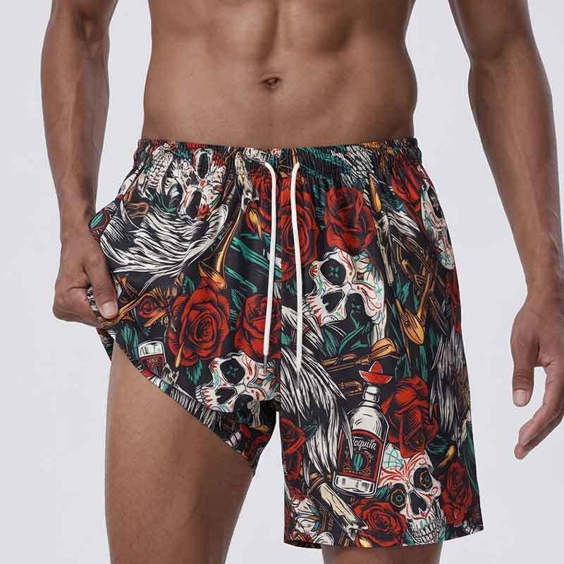GorgeousBen Men's 3D Skull & Rose Print Athletic Shorts, Breathable Summer Casual
