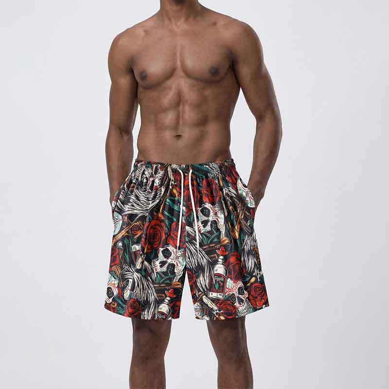 GorgeousBen Men's 3D Skull & Rose Print Athletic Shorts, Breathable Summer Casual