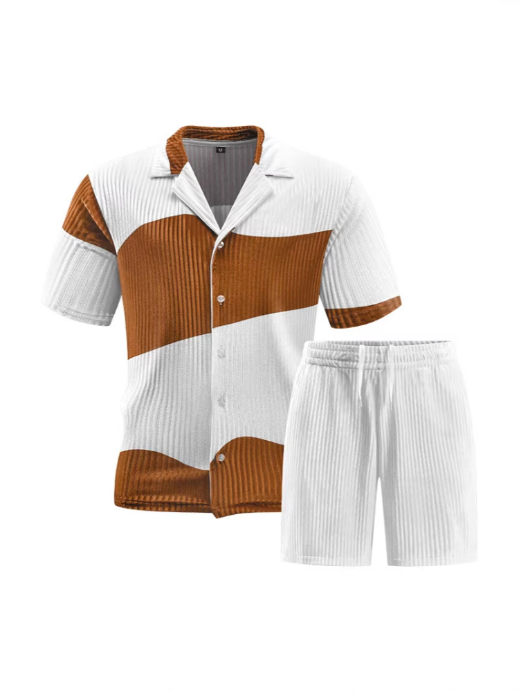 GorgeousBen Men's Color Block Knit Tracksuit, Short Sleeve Button-Up & Shorts, Casual Summer Outfit
