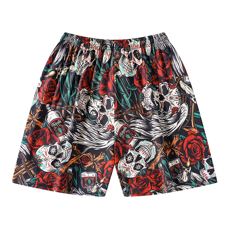 GorgeousBen Men's 3D Skull & Rose Print Athletic Shorts, Breathable Summer Casual