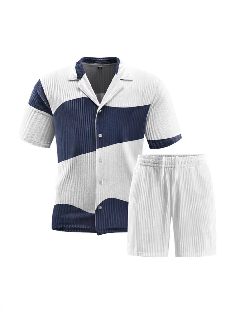 GorgeousBen Men's Color Block Knit Tracksuit, Short Sleeve Button-Up & Shorts, Casual Summer Outfit