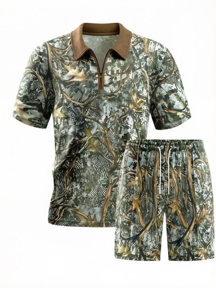 GorgeousBen Men's Camo Print Polo Tracksuit, Short Sleeve T-Shirt & Shorts, Lightweight Casual Outfit