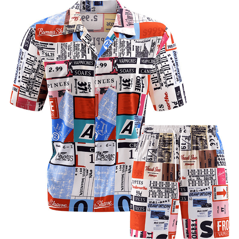 GorgeousBen Men's 2-Piece Newspaper Print Shirt & Shorts Set, Breathable Summer Casual