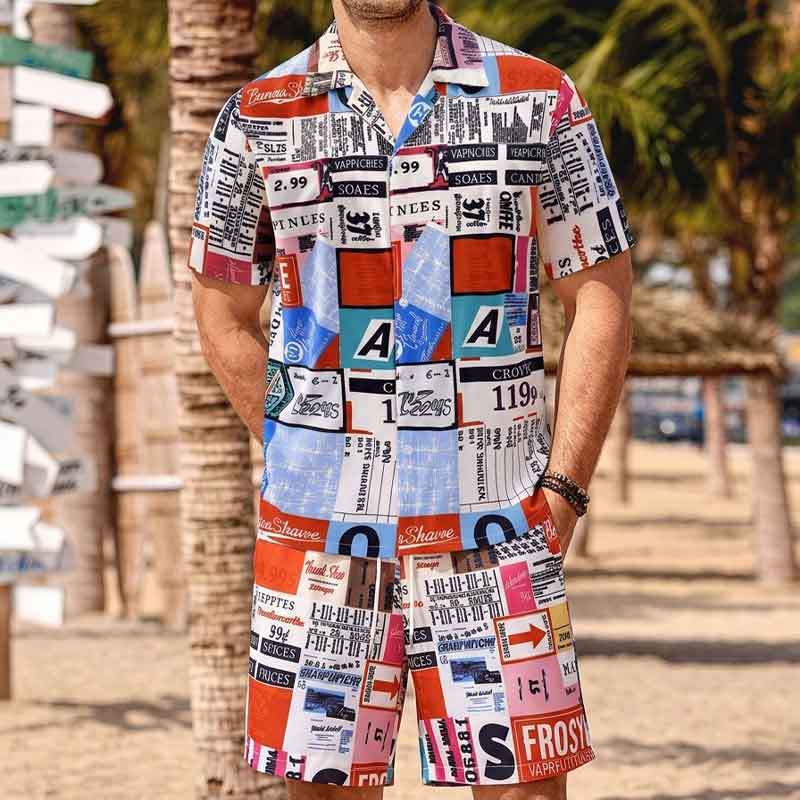 GorgeousBen Men's 2-Piece Newspaper Print Shirt & Shorts Set, Breathable Summer Casual