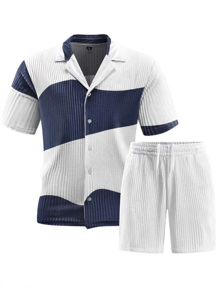GorgeousBen Men's Color Block Knit Tracksuit, Short Sleeve Button-Up & Shorts, Casual Summer Outfit