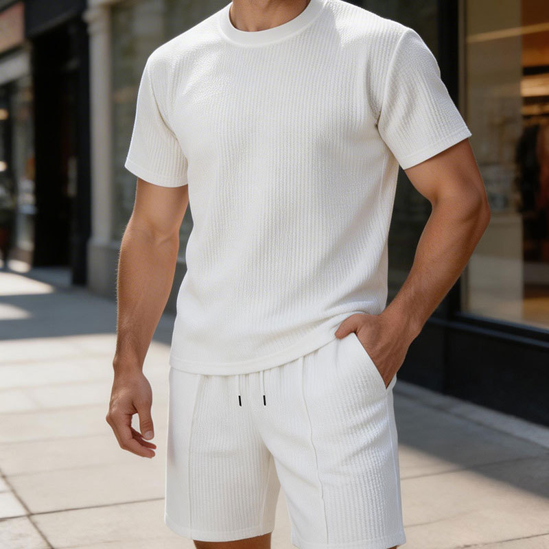 GorgeousBen Men's Summer Waffle Knit Tracksuit, Short Sleeve T-Shirt & Shorts, Lightweight Casual Outfit