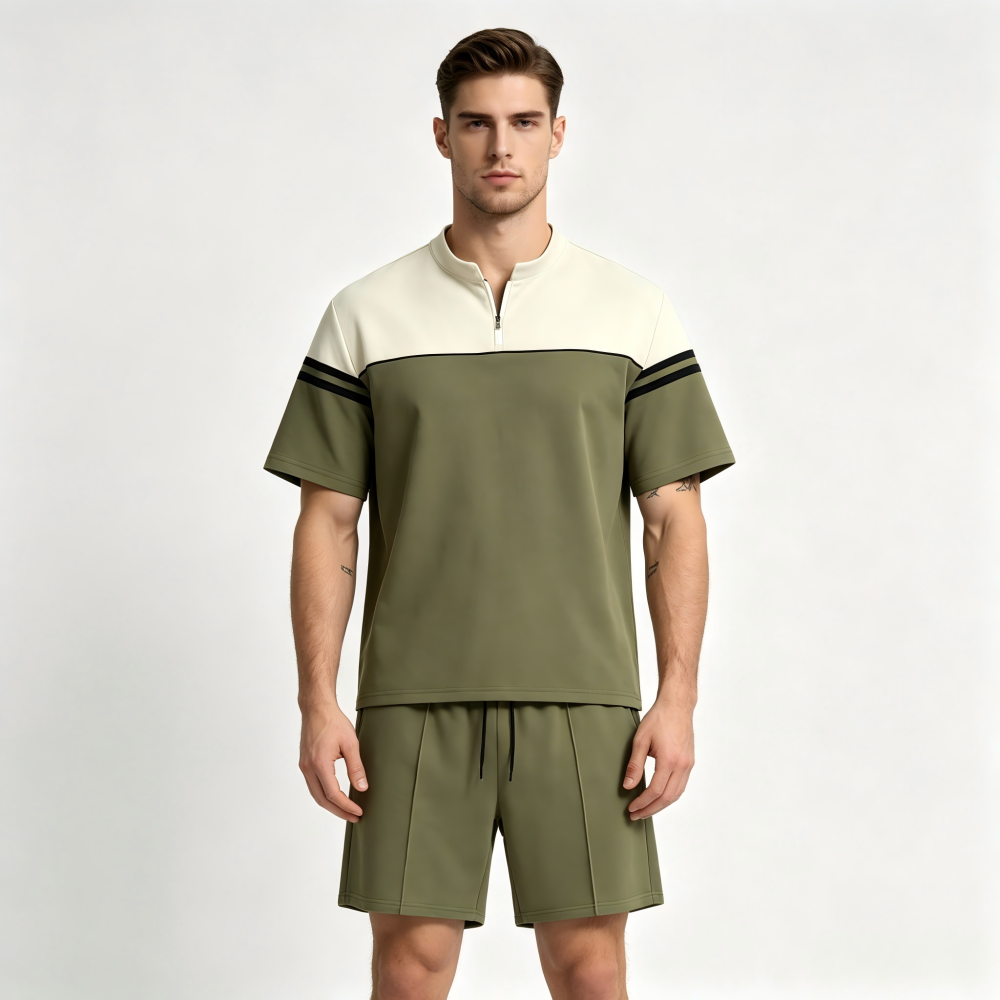 GorgeousBen Men's Color Block Half-Zip Polo Tracksuit, Short Sleeve T-Shirt & Shorts, Casual Summer Outfit