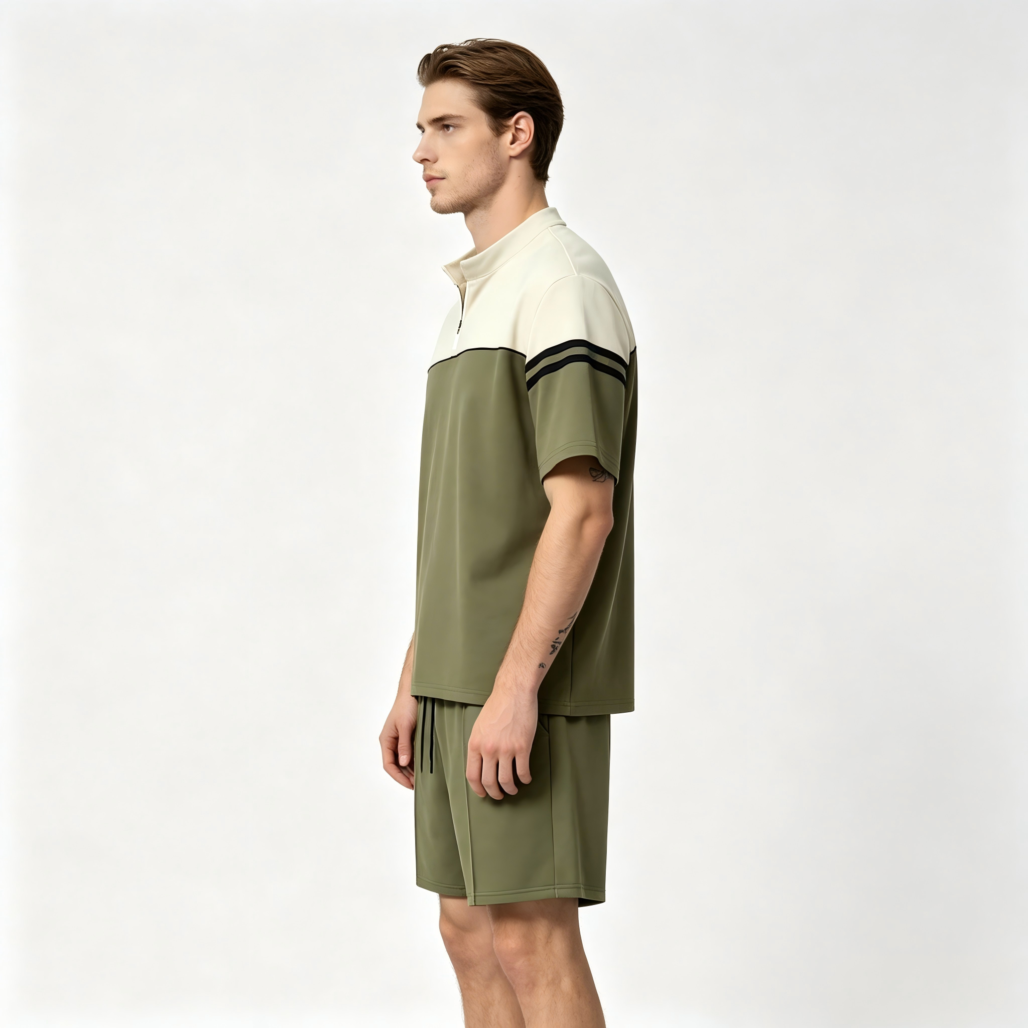 GorgeousBen Men's Color Block Half-Zip Polo Tracksuit, Short Sleeve T-Shirt & Shorts, Casual Summer Outfit