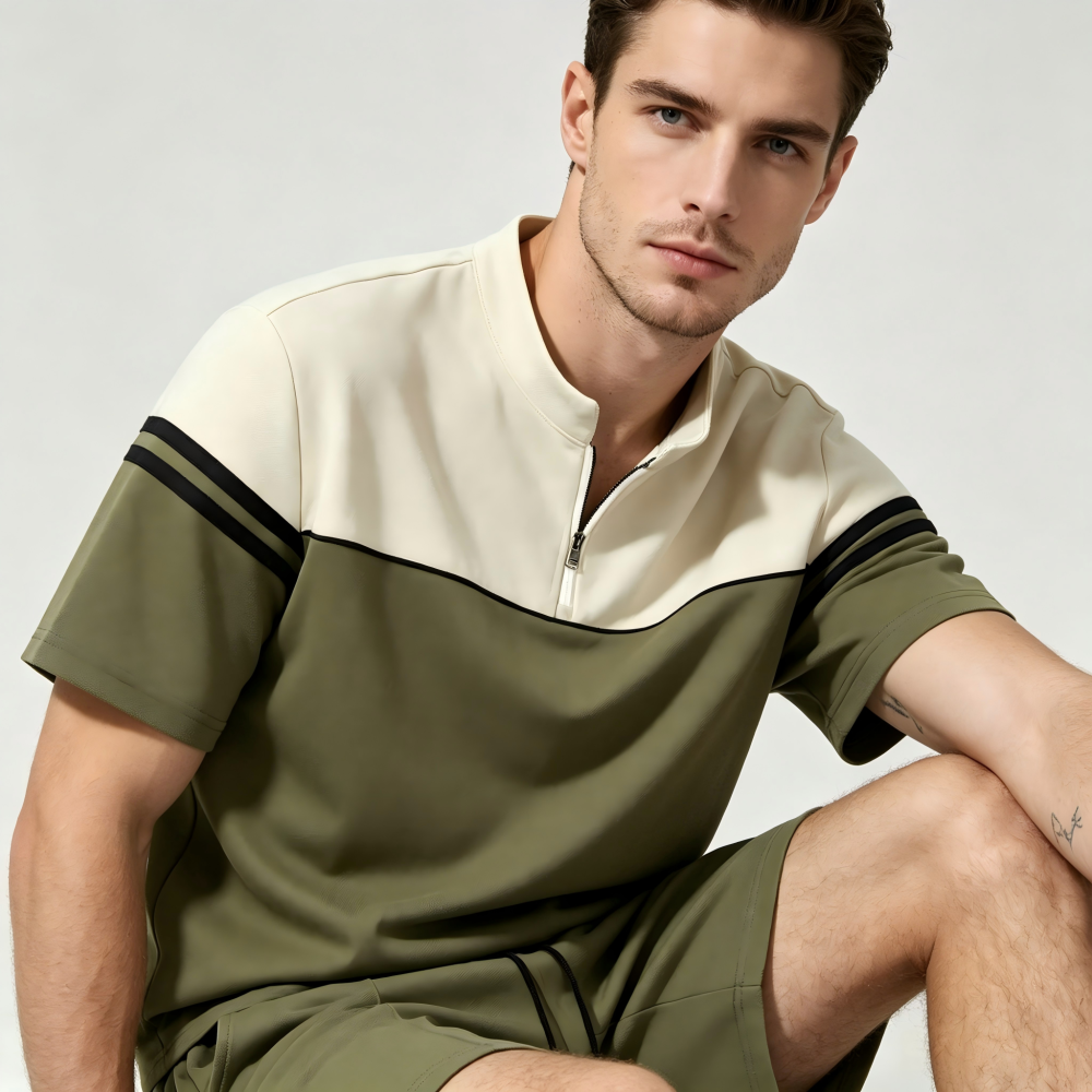 GorgeousBen Men's Color Block Half-Zip Polo Tracksuit, Short Sleeve T-Shirt & Shorts, Casual Summer Outfit