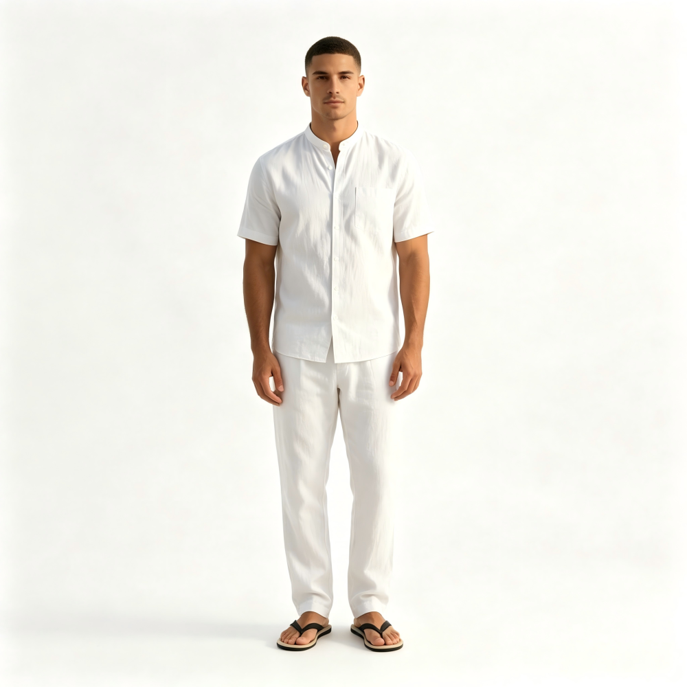 GorgeousBen Men's Linen Blend Stand Collar Two-Piece Set, Short Sleeve Shirt & Pants, Casual Summer Outfit