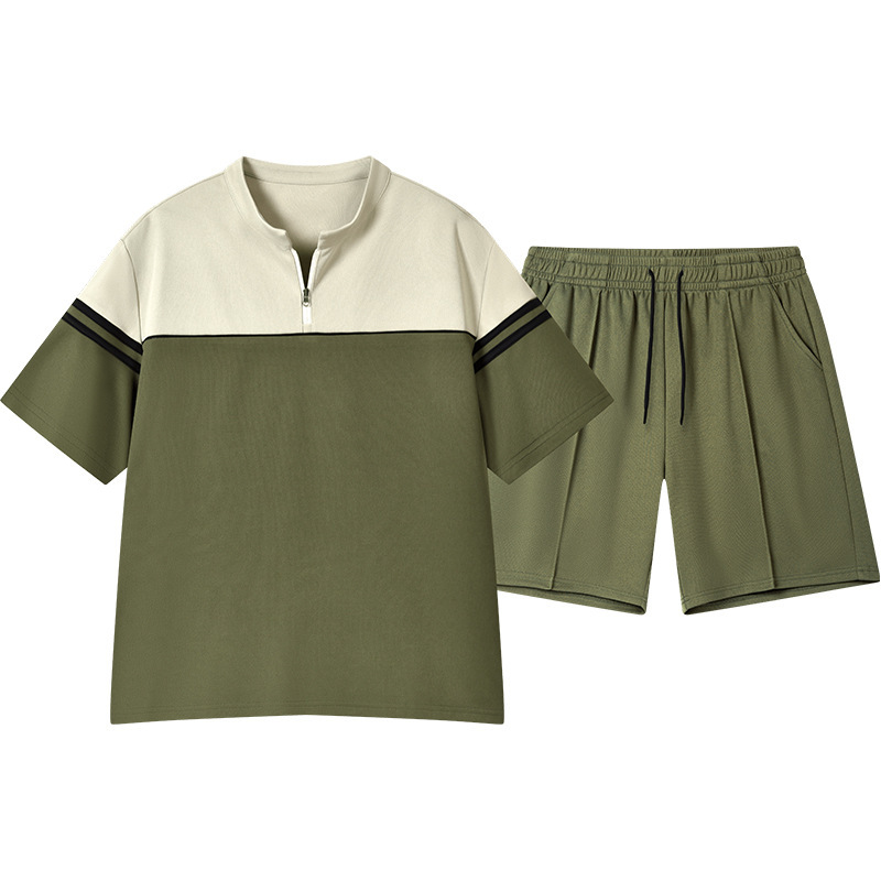 GorgeousBen Men's Color Block Half-Zip Polo Tracksuit, Short Sleeve T-Shirt & Shorts, Casual Summer Outfit