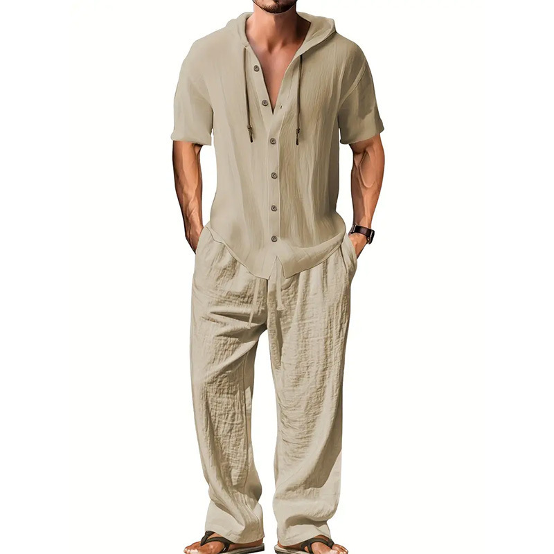 GorgeousBen Men's Hooded Linen Two-Piece Set, Short Sleeve Button-Up & Pants, Casual Summer Outfit