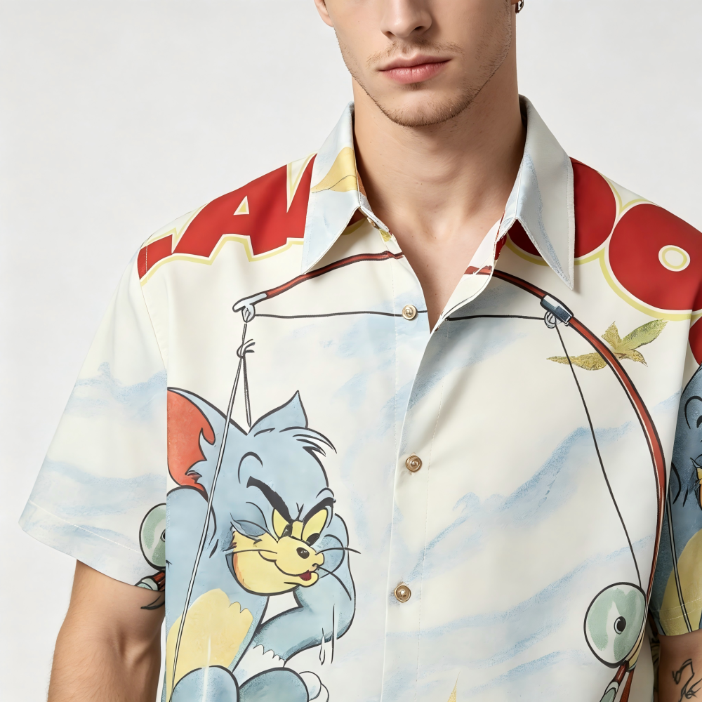 GorgeousBen Men's Casual Tom & Jerry Print Loose Short Sleeve Shirt