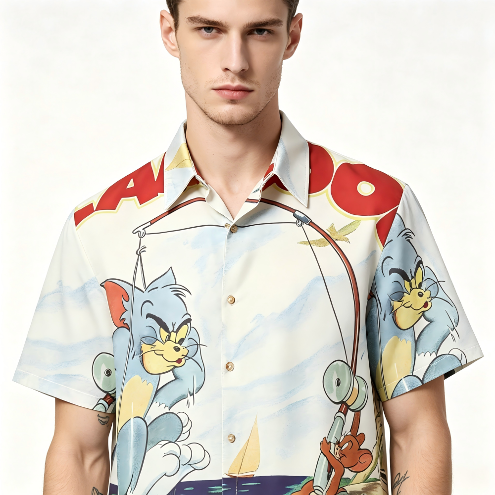 GorgeousBen Men's Casual Tom & Jerry Print Loose Short Sleeve Shirt